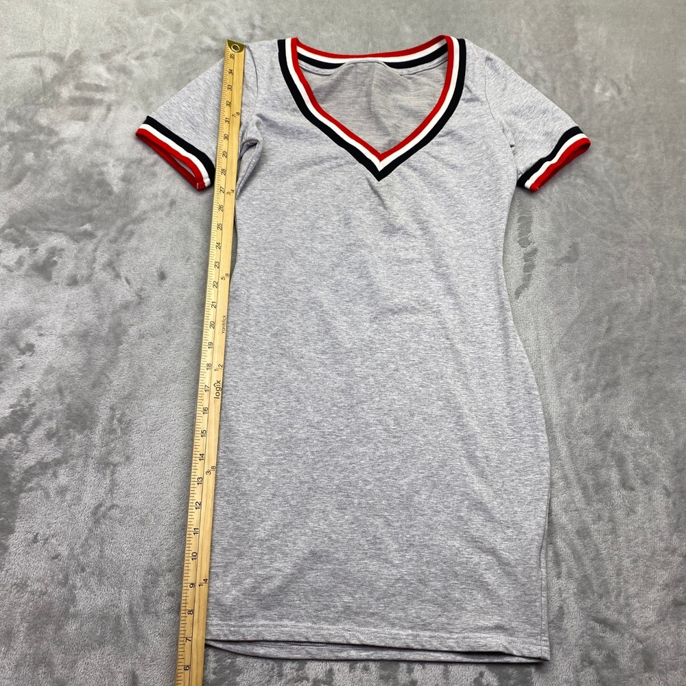 Gray V-Neck Striped Trim Bodycon Mini Dress Short Sleeve Sporty Size S - Picture 2 of 9